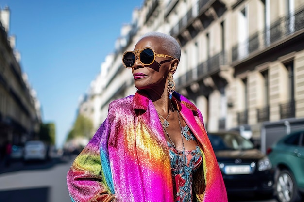 Генеративный AI-иллюстратор 60-летней чернокожей женщины, одетой в одежду от кутюр, идущей по улицам Парижа.