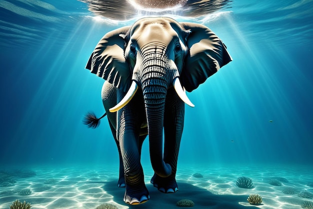 Photo generative ai illustration of african elephant swimming blue underwater big elephant in ocean with reflections on water surface animal wildlife concept cartoon illustration copy ad text space