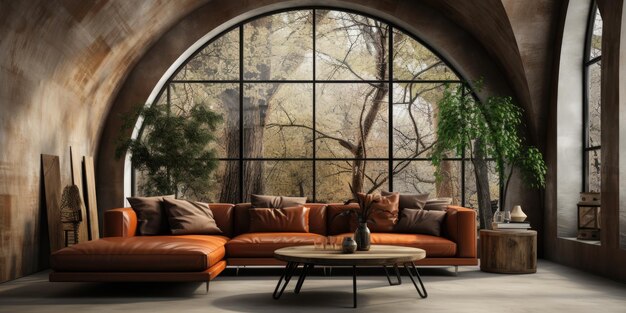 Generative ai illustration of a Arched window interior with brown leather sofa