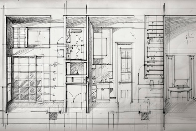 Generative AI illustration of Architectural plans drawings pencil sketches paper textures book pages floor plans