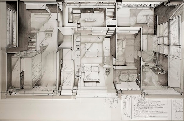 Generative AI illustration of Architectural plans drawings pencil sketches paper textures book pages floor plans