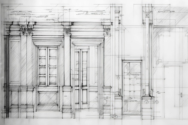 Generative AI illustration of Architectural plans drawings pencil sketches paper textures book pages floor plans