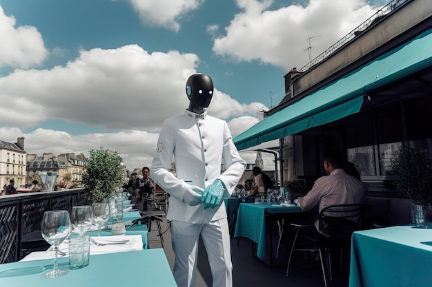 Generative AI illustration of artificial intelligence dressed as a waiter working on the terrace of a bar in Paris