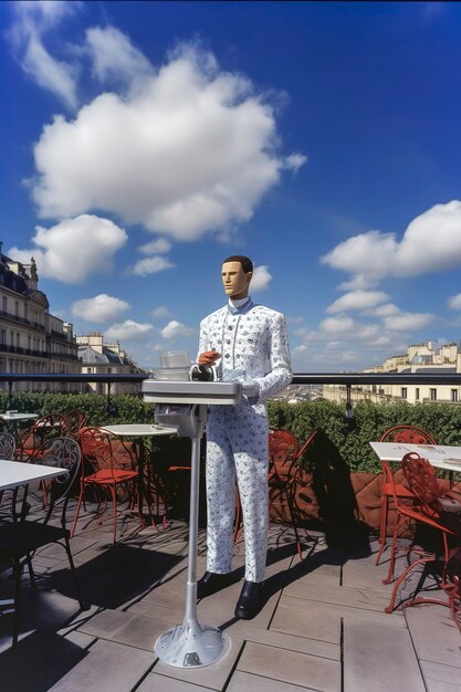 Generative AI illustration of artificial intelligence dressed as a waiter working on the terrace of a bar in Paris