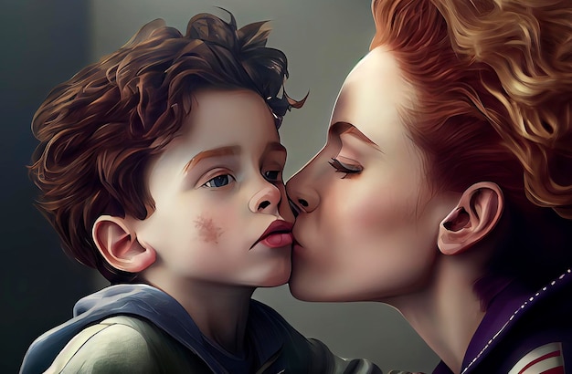 Generative AI illustration of attractive Mother kissing her little son