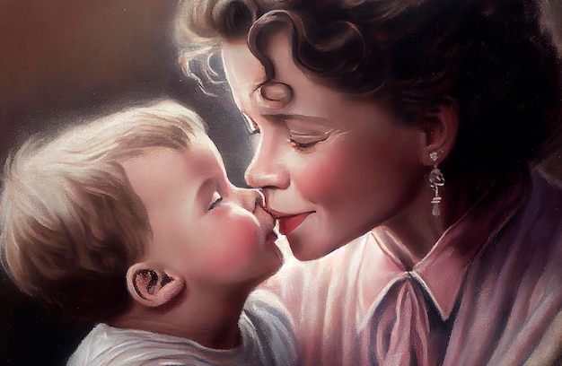 彼女の幼い息子にキスをしている魅力的な母親のジェネレーティブ AI イラスト