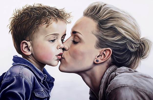 Генеративный ИИ-иллюстратор привлекательной матери, целующей своего маленького сына