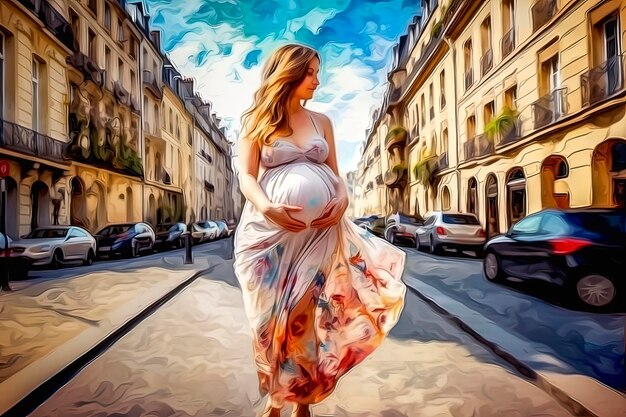 Generative AI illustration of Attractive young pregnant woman walking through the streets of Paris