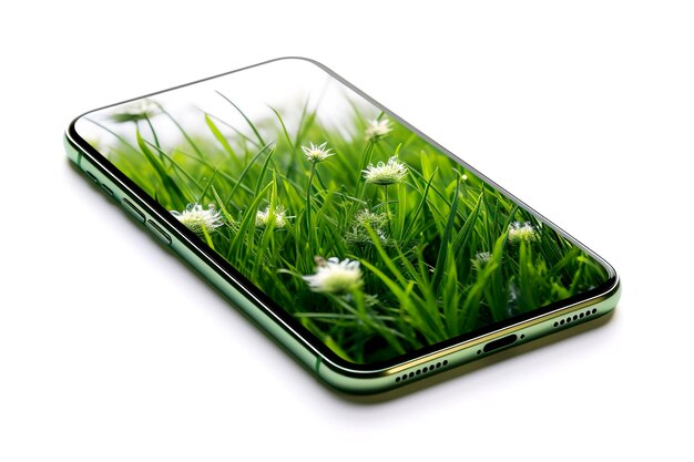 スマートフォンの画面に植えられた草の背景の生成的なAIイラスト 白い背景の緑のコンセプトの緑の自然