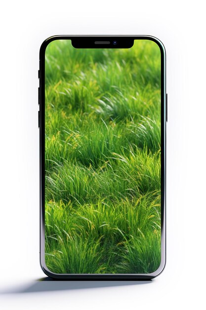 Generative AI illustration of background of grass planted on smartphone screenGreen nature with white background green concept