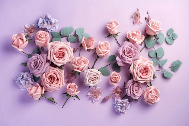 Generative AI illustration of Background of pastel colors of pink flowers with gentle petals viewed from above with copy space