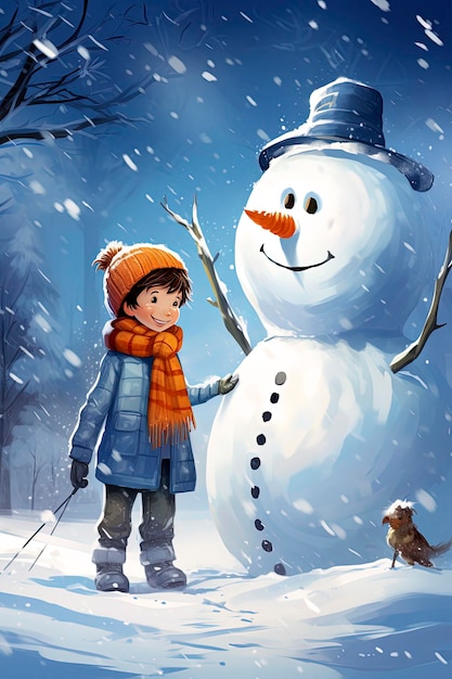 雪の降る冬の日に子供と遊ぶ雪だるまの背景の生成 AI イラスト デジタル アート イラスト スタイル クリスマス コンセプト