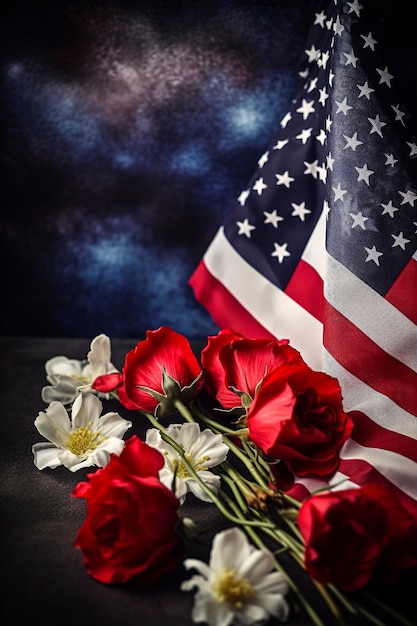 Generative AI illustration of Background with united states flag and flowers with copy space honor concept