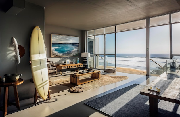 제너레이티브 AI 일러스트레이션 테이블과 의자가 있는 해변가 40미터 식당과 서핑보드 스타일의 서핑 하우스