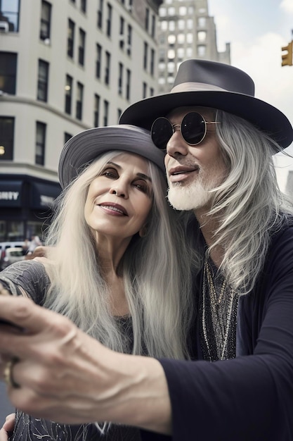 Generative AI illustration of beautiful 60 year old couple with gray hair and hat on the streets of New York