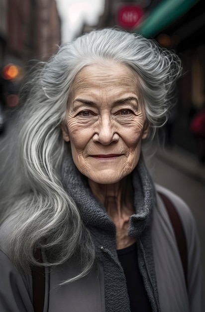 Generative AI illustration of beautiful 60 year old woman with gray hair on the streets of New York