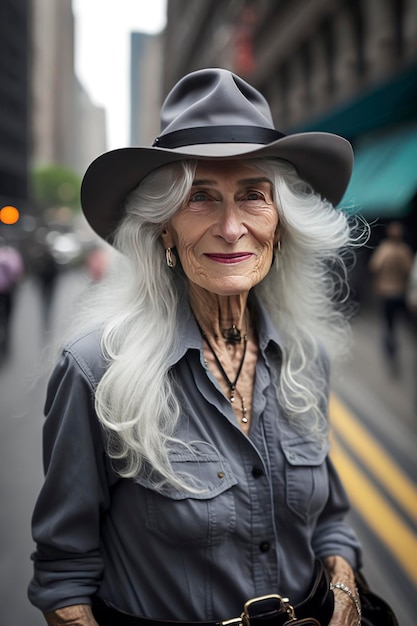 Generative AI illustration of beautiful 60 year old woman with gray hair on the streets of New York