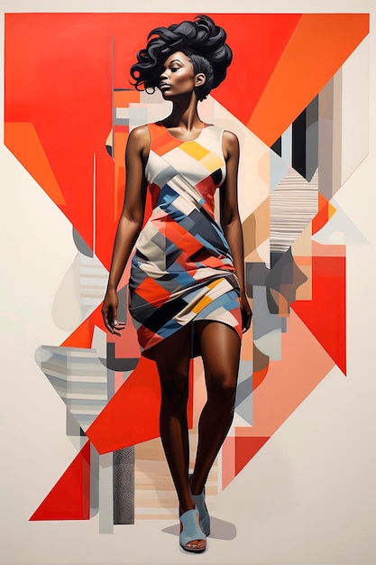 Generative AI illustration of beautiful black woman with background of vivid colors and geometric shapesIllustration styleDigital art