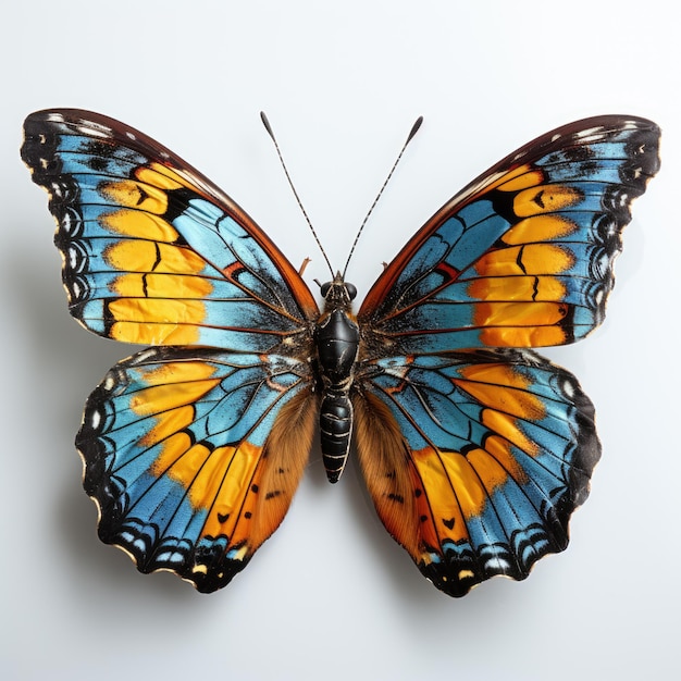 Generative ai illustration of a beautiful blue yellow orange butterfly isolated on a white background