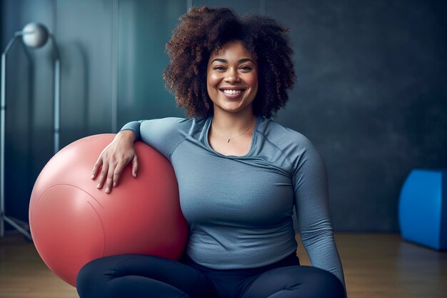 Generative ai illustration of beautiful fat black woman doing exercises with a ball in the gym healthy life