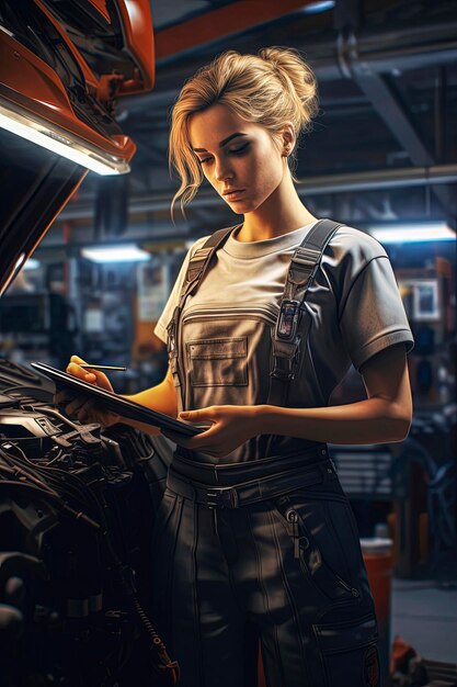 Photo generative ai illustration of beautiful female mechanic working in a car repair shop working woman concept illustration style