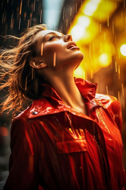 Генеративная AI-иллюстрация красивой девушки в красном платье, наслаждающейся дождем с ночным светом, прогуливающейся по улицам города