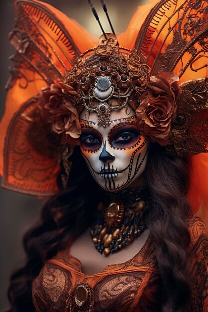 美しいメキシコの女性のイラスト 暗い背景で花に囲まれた