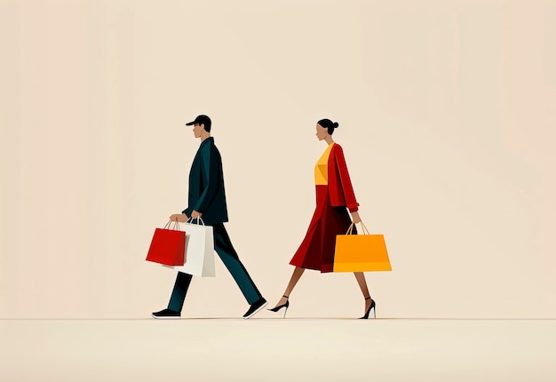 최소한의 벡터 스타일 디지털 아트로 손에 가방을 들고 있는 아름다운 쇼핑 커플의 생성 AI 삽화