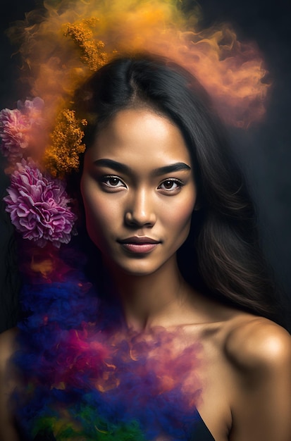 Generative AI illustration of a beautiful woman with flowers