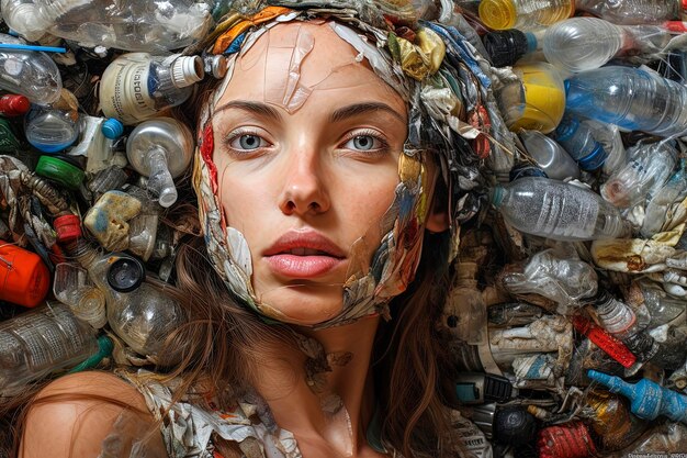 Photo generative ai illustration of beautiful women surrounded by garbage and unrecycled plastic