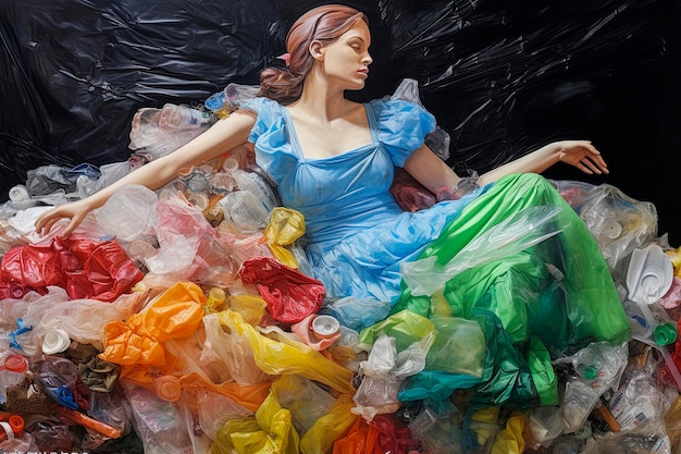 쓰레기와 재활용되지 않은 플라스틱으로 둘러싸인 아름다운 여성의 생성 AI 삽화