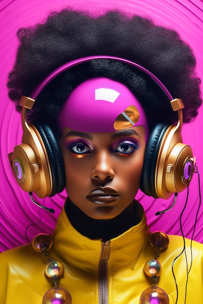 아프로 머리를 하고 헤드폰으로 음악을 듣는 아름다운 젊은 흑인 소녀의 생성 AI 삽화