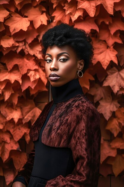 Photo generative ai illustration of beautiful young black woman with background of red leaves in autumn colors