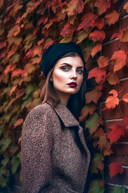 Photo generative ai illustration of beautiful young caucasian woman with background of red leaves in autumn colors dressed in the latest fashion