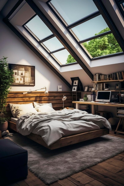 リサイクルされた家具と持続可能な材料で屋根裏部屋の寝室の生成的なAIイラストレーション インテリアデザイン