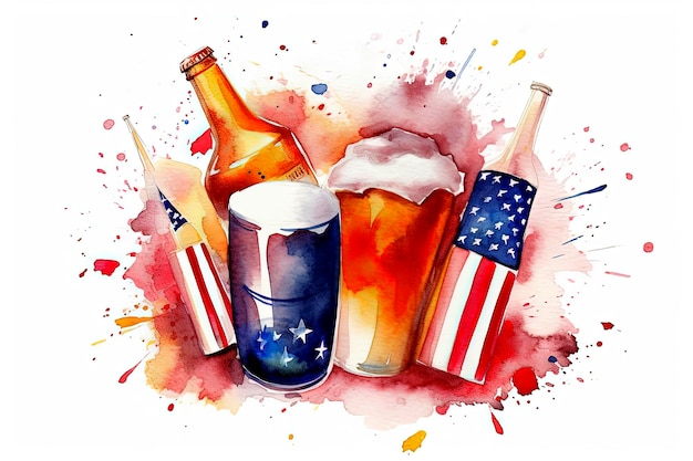 独立記念日のアメリカ国旗とビールの生成 AI イラスト