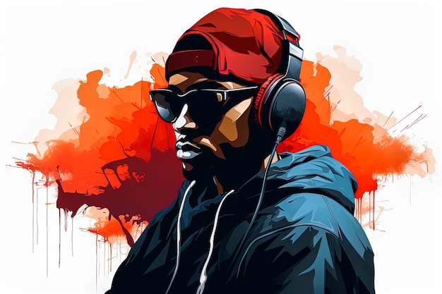 Photo generative ai illustration of black guy listening to hip hop music with headphones in vector illustration style digital art