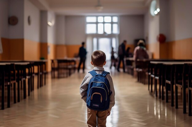 Generative AI illustration of Boy alone and on his back carrying a backpack entering the school classroom