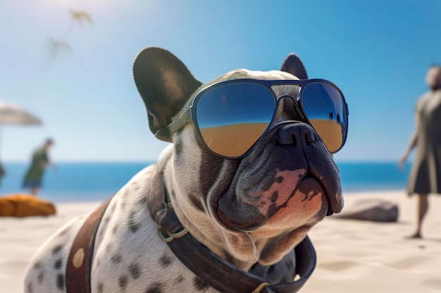Illustrazione ai generativa del cane bulldog seduto sulla sabbia in spiaggia in vacanza indossando occhiali da sole
