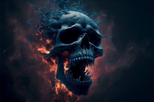 Generative ai illustration of burning screaming skull of
human