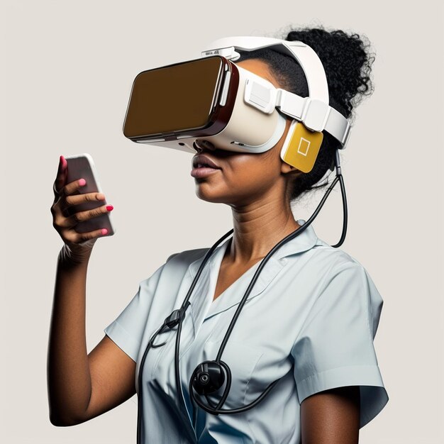 Foto illustrazione generativa di ai di una giovane donna medica afroamericana calma in uniforme e cuffie vr che interagisce con la realtà virtuale contro uno sfondo beige mentre esplora il cyberspace