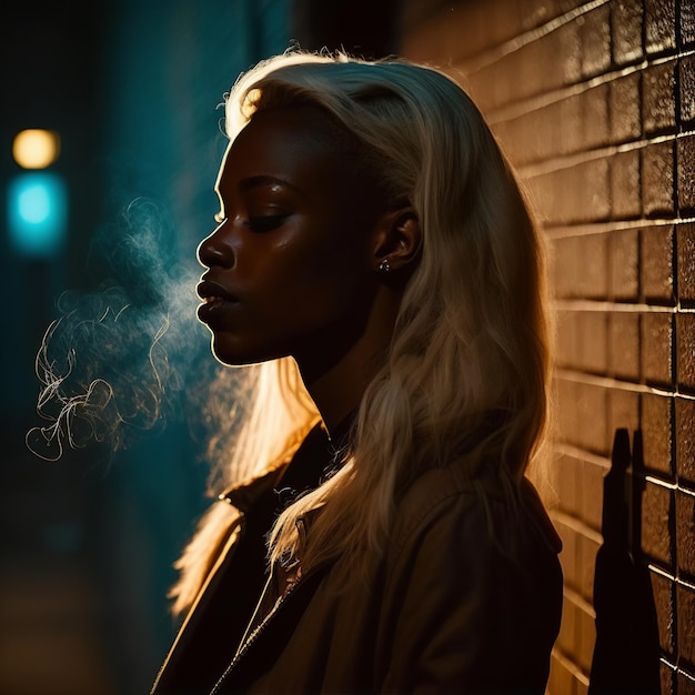 Foto illustrazione generativa di ia di una giovane donna calma dai capelli biondi in piedi vicino a un muro di mattoni con gli occhi chiusi e che fuma una sigaretta mentre soffia il fumo