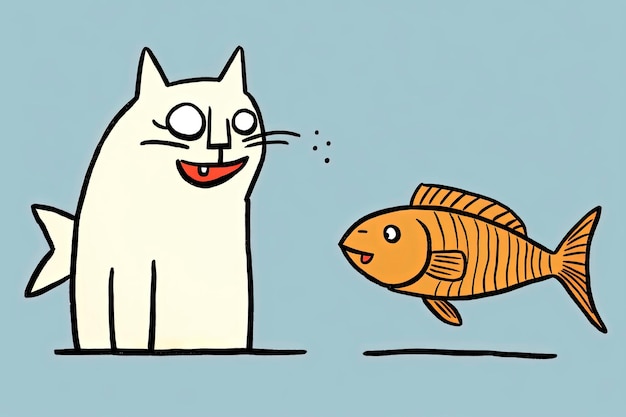 Photo generative ai illustration of cat looking at a fish in minimalist illustration style with vivid colors digital art