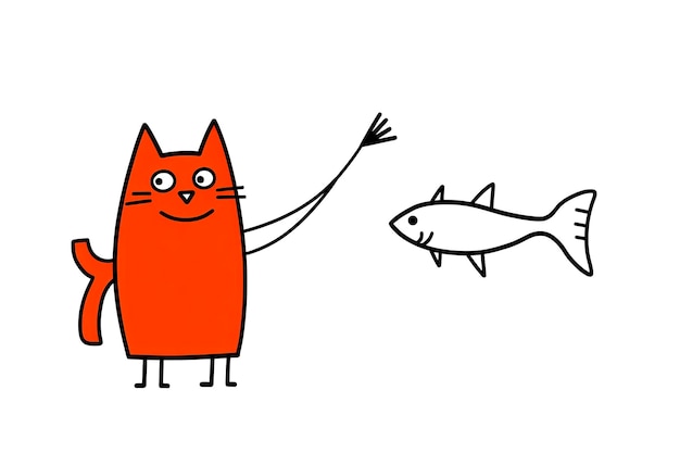 Generative AI illustration of cat looking at a fish in minimalist illustration style with vivid colors Digital art