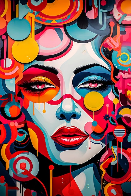 Generative AI illustration of Caucasian girl face surrounded by color in abstract illustration style