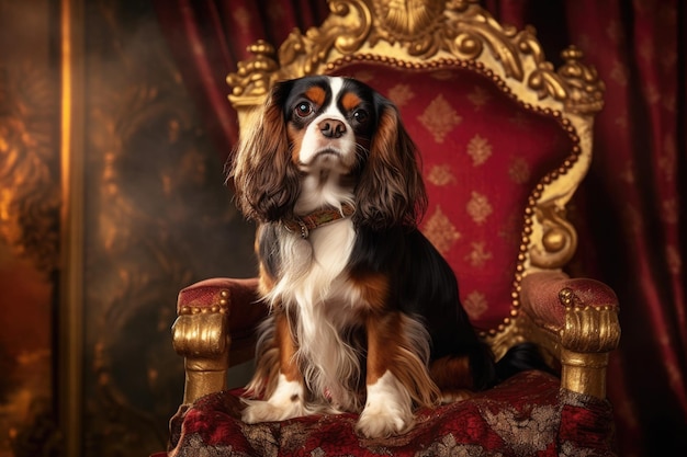 Generative AI illustration of a Cavalier King Charles Spaniel sitting on a throne