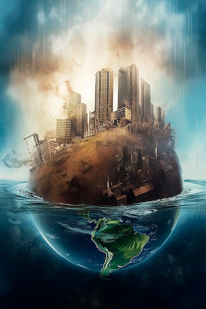 Foto illustrazione dell'intelligenza artificiale generativa del caos e della distruzione sulla terra con acqua ed edifici in cima a causa del cambiamento climatico