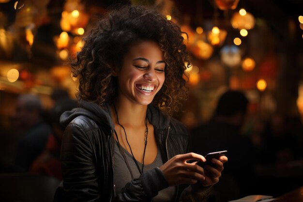 Generative AI illustration of cheerful young female with curly hair laughing while messaging on cell