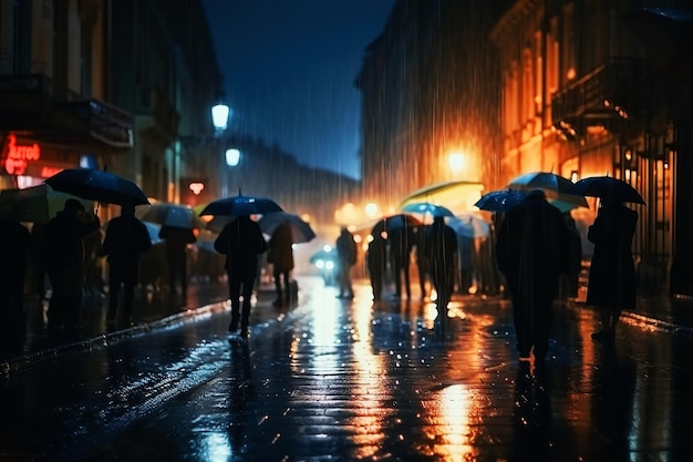 ジェネレーティブ AI のイラスト 傘を持った大勢の人々がいる映画のような夜の雨の街 ぼやけた背景