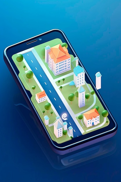 ポイントロケーターを備えたスマートフォン上のオンライン都市地図ルートナビゲーションの生成AIイラスト道路と建物を含む都市等角投影計画